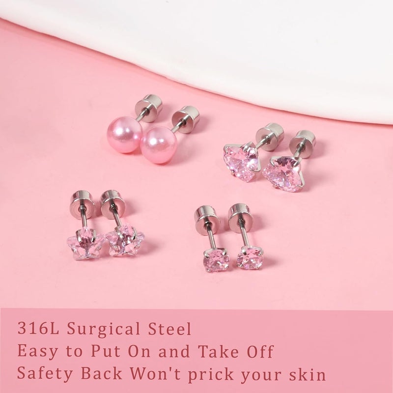 DALI Hypoallergenic 14K Gold Earrings for Girls Women, Toddler Screw Back Baby Earrings for Sensitive Ears Silver Kids Earrings Cute Flower Heart Star Ball Dot Mouse Titanium Flat Back Stud Earring Sets - Image 5